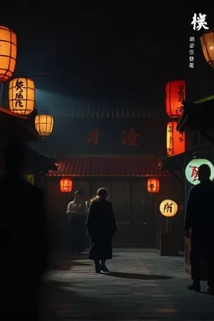 旧胶片修理铺竖版海报，工作台上盘绕的胶片与台灯